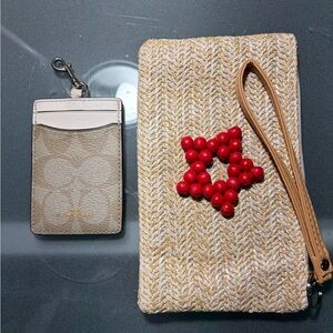 Coach Tan and Cream Wristlet with Red Accent